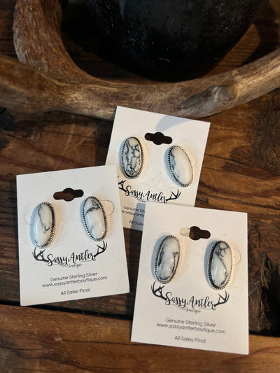 White Howlite Oval Earrings