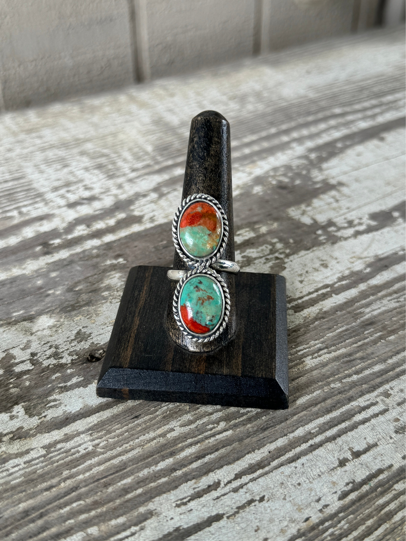 Double Oval Coral & Green Turquoise Ring