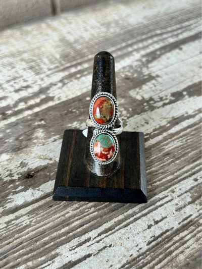 Double Oval Coral & Green Turquoise Ring