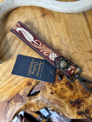 Texas Tooled Wristlet Strap - Natural Feather