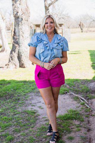 Denim Ruffle Romance Blouse