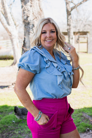 Denim Ruffle Romance Blouse