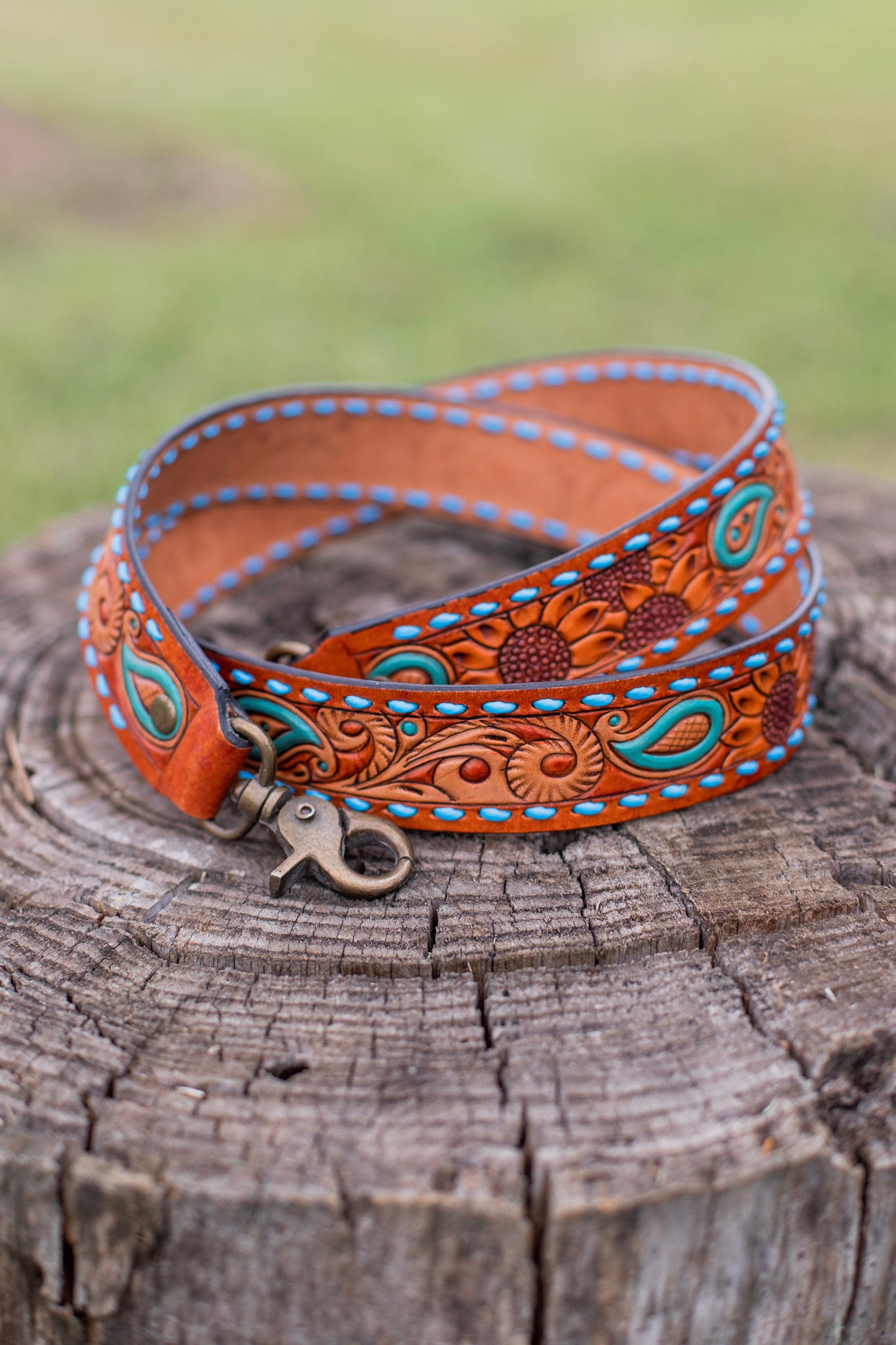 Tooled Leather Purse Strap ~ Sunflower & Paisley