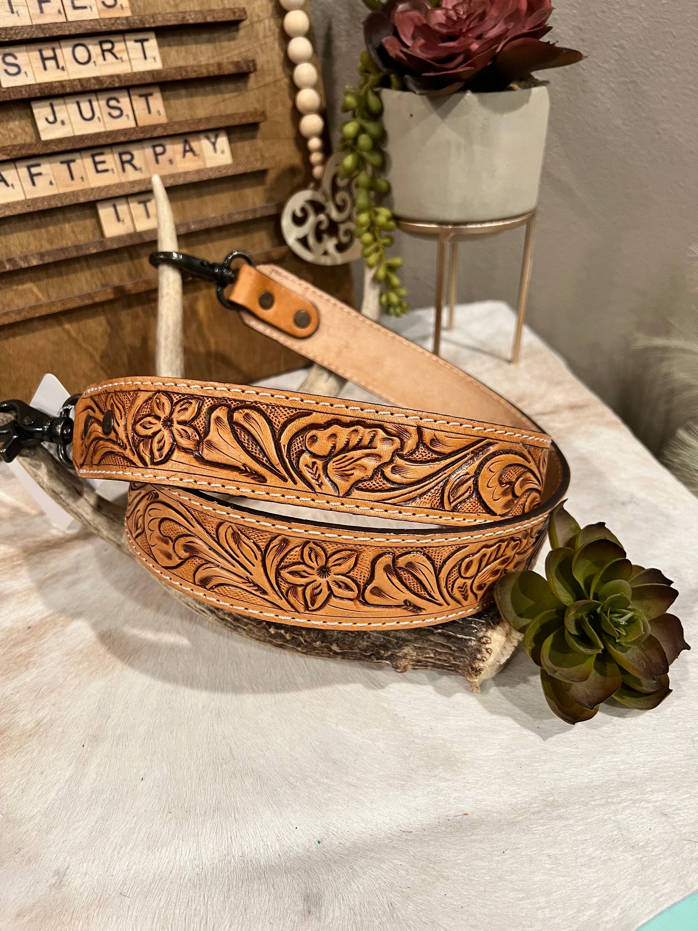 Tooled Leather Purse Strap ~ Natural