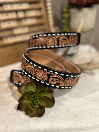 Tooled Leather Purse Strap ~ Black Inlay/Buckstitch