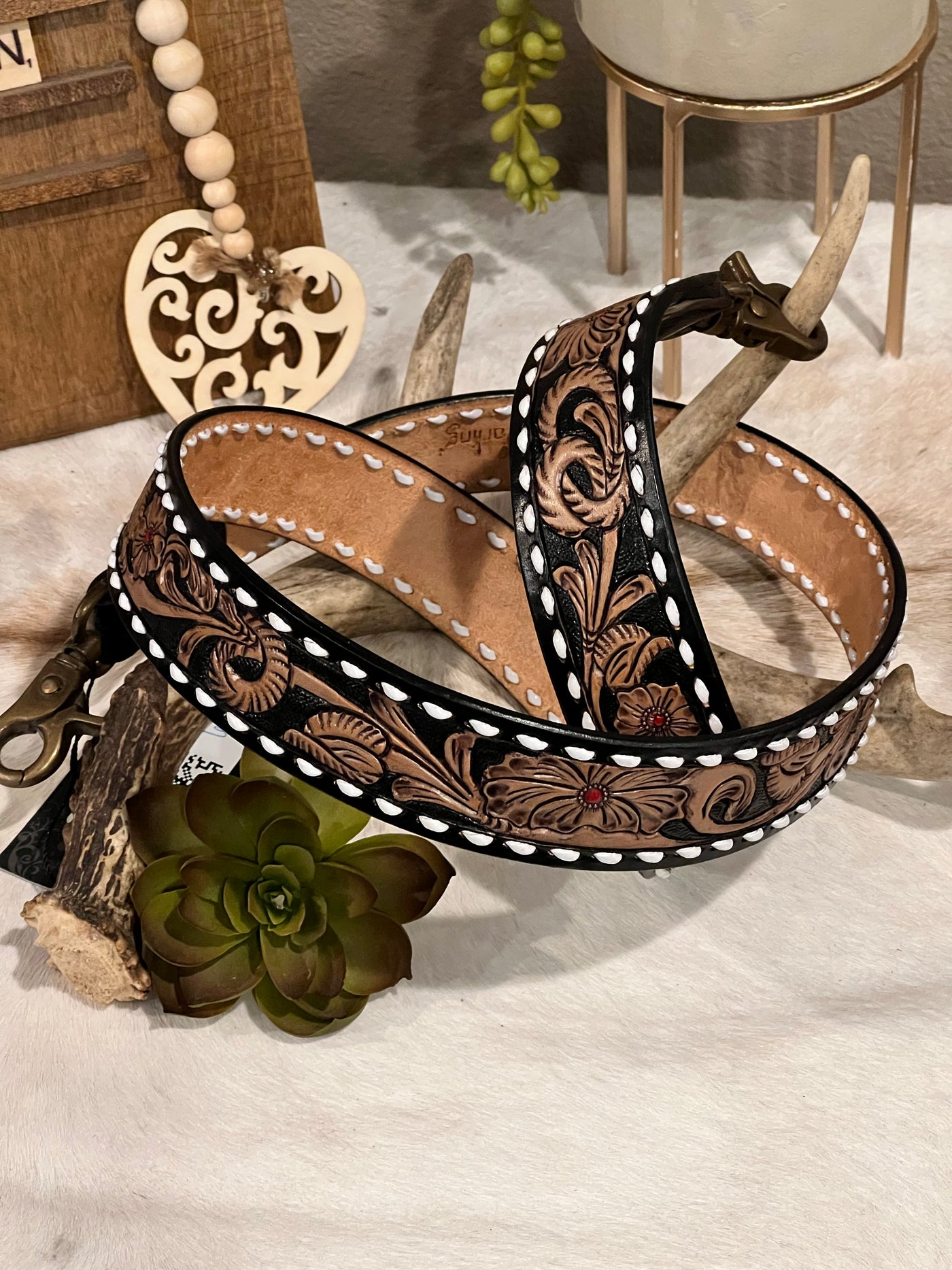 Tooled Leather Purse Strap ~ Black & Brown Floral