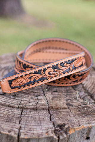 Tooled Leather Purse Strap ~ Black Buck Stitch