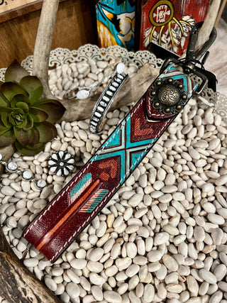 Texas Tooled Wristlet Strap - Turquoise Arrow