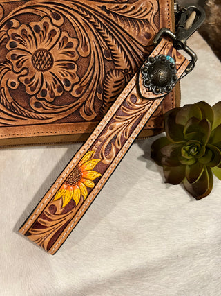 Texas Tooled Wristlet Strap - Sunflower