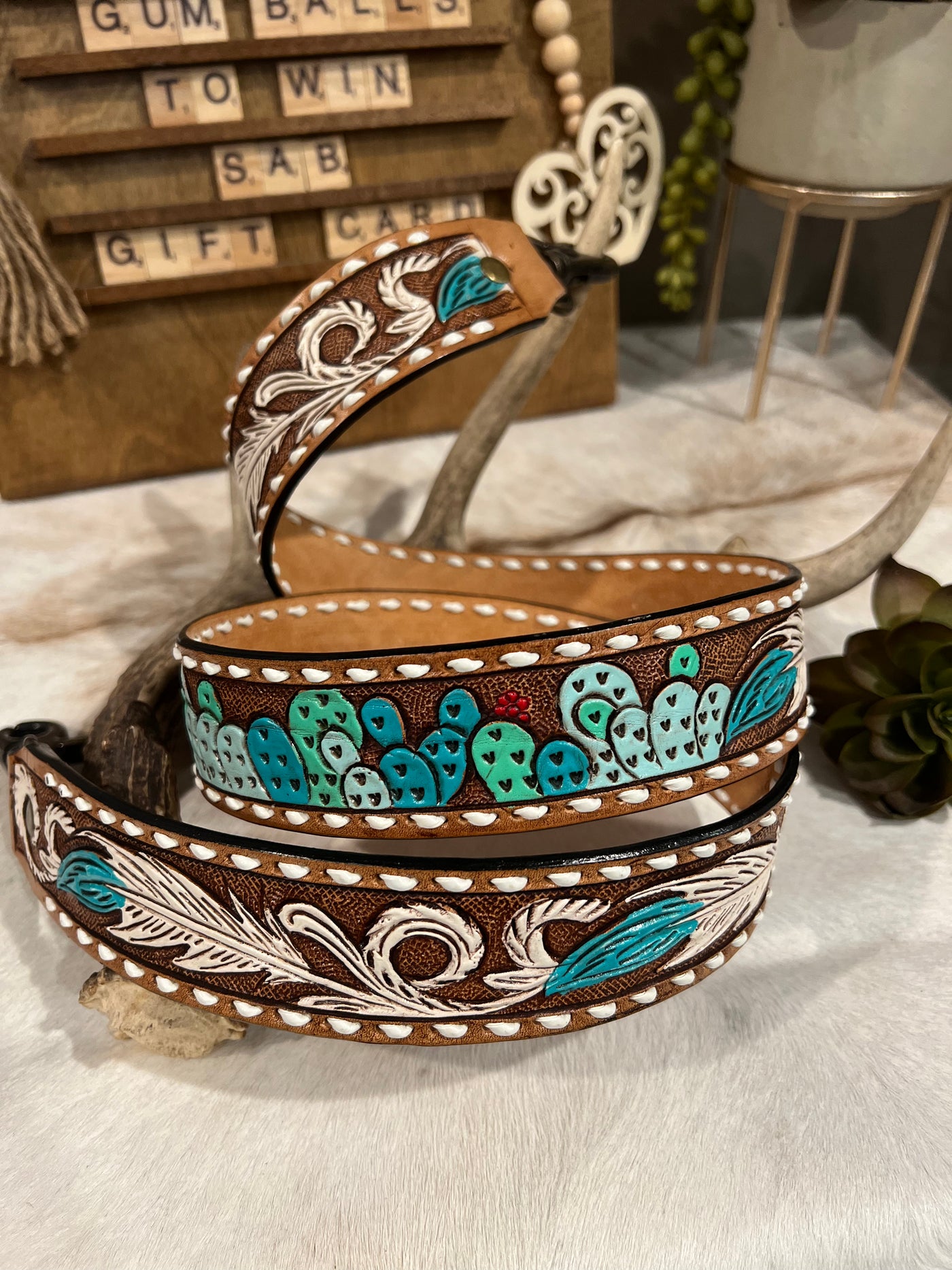 Tooled Leather Purse Strap ~ White & Turquoise Feather