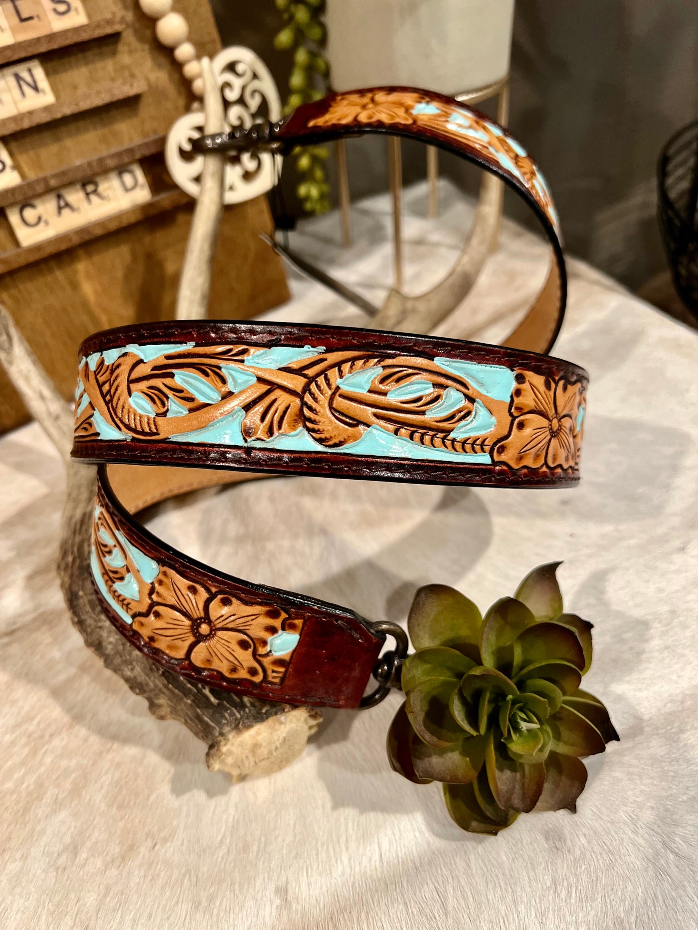 Tooled Leather Purse Strap ~ Turquoise Inlay