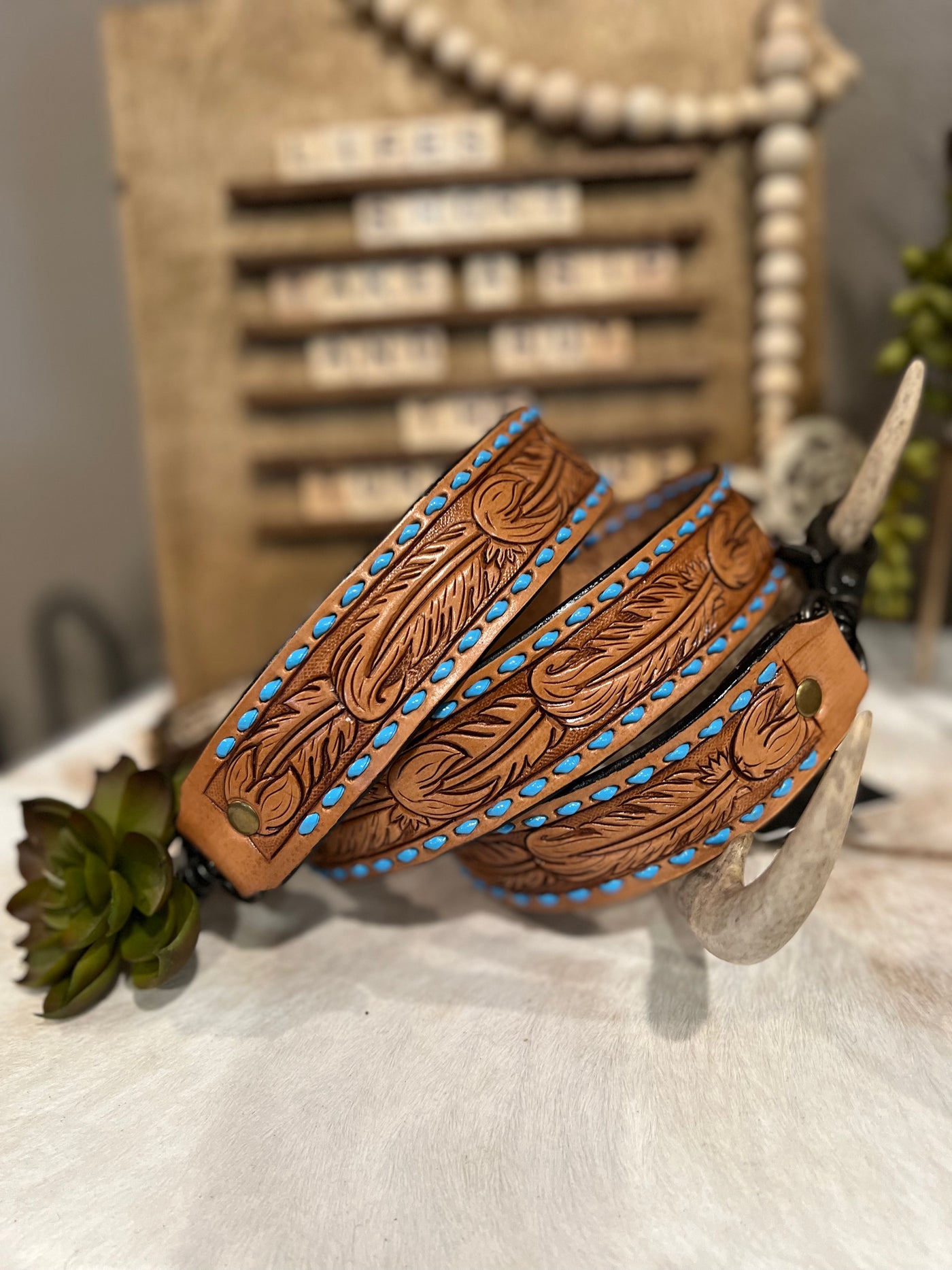 Tooled Leather Purse Strap Natural Turq Buckstitch