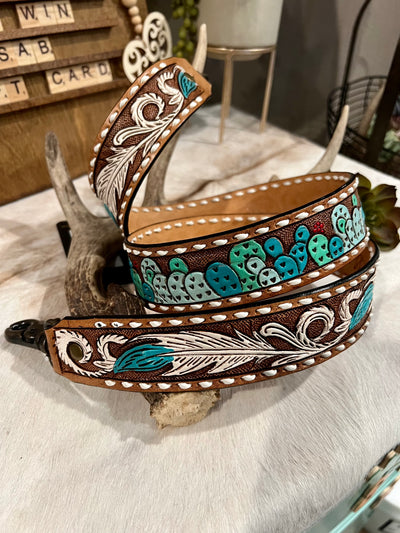 Tooled Leather Purse Strap ~ White & Turquoise Feather