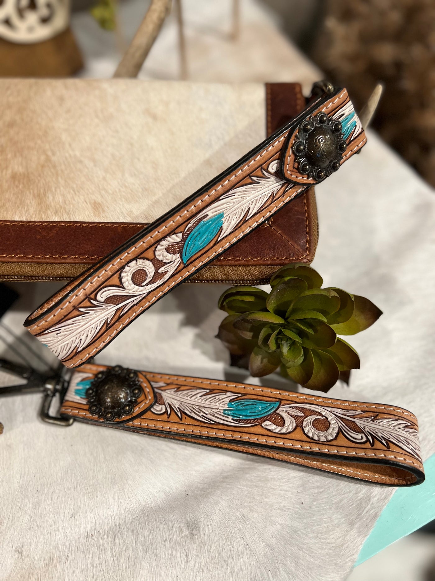 Texas Tooled Wristlet Strap - Painted Feather